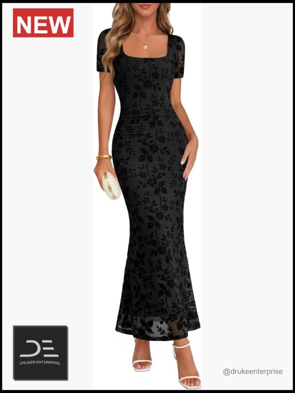 Fitted Mermaid Maxi Dress Square Neck Short Sleeve Floral Wedding Guest